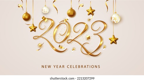 Christmas and New Year banner gold 3d 2023 numbers with hanging balls. Vector illustration. Winter holiday decorations