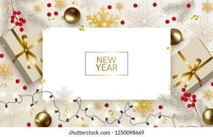 Christmas and New Year banner with golden Xmas decorations: gold balls, boxes of gifts, fir branches, holly berries, Vector background for festive advertising design