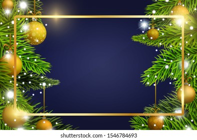 Christmas and New Year banner with golden Christmas balls and pine tree. Transparent gold glass banner with reflection. Realistic rectangle glass frame. Greeting card design mockup. Vector