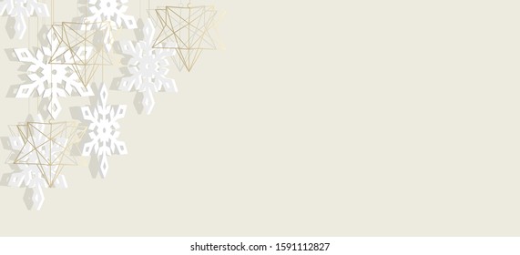 Christmas and New Year banner. Golden geometric christmas decor and 3d white snowflakes hanging. Vector illustration. - Shutterstock ID 1591112827