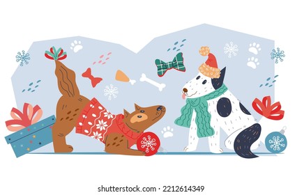 Christmas and New Year banner or greeting poster mockup with funny dogs. Christmas background with cute dogs pets flat cartoon vector illustration isolated on white.