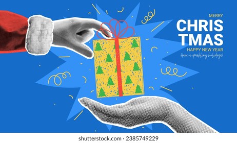 Christmas and New Year banner. Hand of Santa Claus puts gift box on hand of woman. Christmas or New Year collage with halftone effect for ads, poster, social media. Vector illustration with doodles.