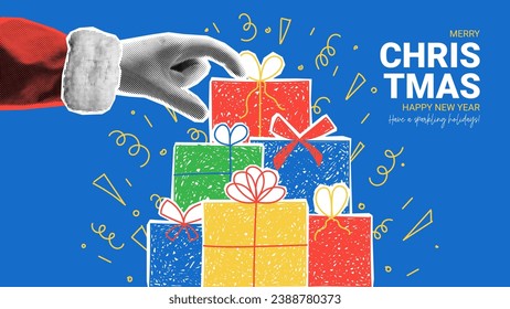 Christmas and New Year banner. Hand of Santa Claus puts box on top of mountain of gift boxes. Christmas or New Year collage with halftone effect hand. Vector illustration with hand drawn presents.