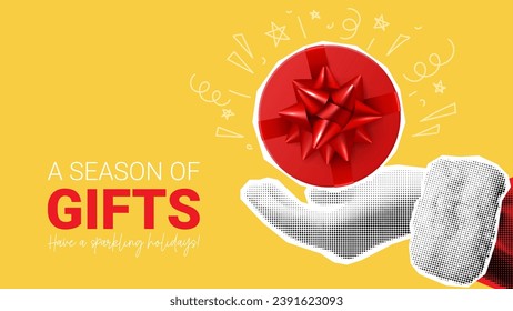 Christmas and New Year banner. Hand of Santa Claus holds red round gift box on palm. Christmas or New Year collage with halftone effect hand. Vector illustration with cut out elements of collage.