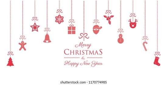 Christmas and New Year banner with hanging decorations. Vector.
