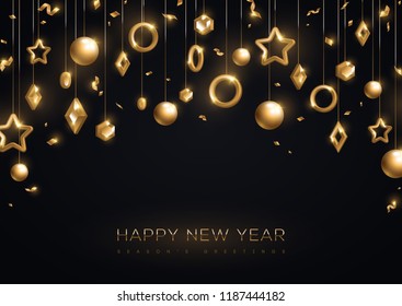 Christmas and New Year banner with hanging gold 3d baubles on black background. Vector illustration. Winter holiday decorations.