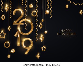 Christmas and New Year banner with hanging gold 3d baubles and 2019 numbers on black background. Vector illustration. Winter holiday geometric decorations. Place for text