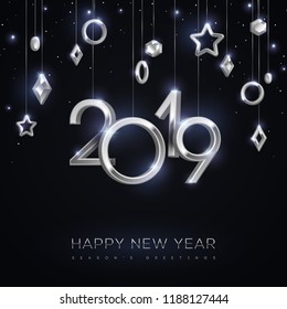 Christmas and New Year banner with hanging silver 3d baubles and 2019 numbers on black background. Vector illustration. Winter holiday geometric decorations.