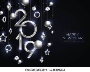 Christmas and New Year banner with hanging silver 3d baubles and 2019 numbers on black background. Vector illustration. Winter holiday geometric decorations. Place for text