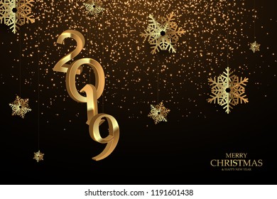 Christmas and New Year banner with hanging gold 3d snowflakes and 2019 numbers on black background. Vector illustration
