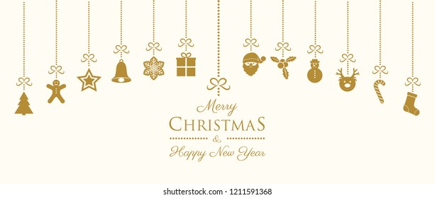 Christmas and New Year banner with hanging decorations. Vector.