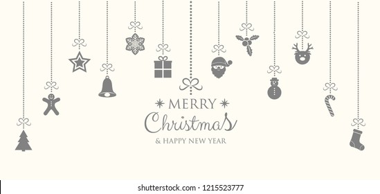 Christmas and New Year banner with hanging decorations. Vector.