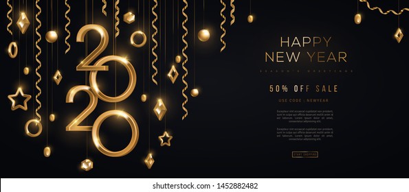 Christmas and New Year banner with hanging gold 3d baubles and 2020 numbers on black background. Vector illustration. Winter holiday geometric decorations and streamers. Place for text