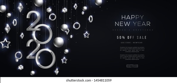 Christmas and New Year banner with hanging silver 3d baubles and 2020 numbers on black background. Vector illustration. Winter holiday geometric decorations.