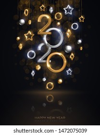 Christmas and New Year banner with hanging gold and silver 3d baubles and 2020 numbers on black background. Vector illustration. Winter holiday geometric decorations