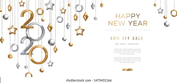 Christmas and New Year banner with hanging gold and silver 3d baubles and 2020 numbers on black background. Vector illustration. Winter holiday geometric decorations