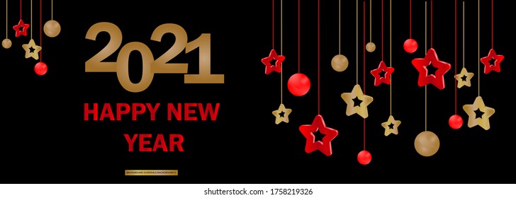 Christmas and new year banner with hanging gold and red baubles and 2021 numbers on a white background. Vector illustration. Winter holiday geometric decorations