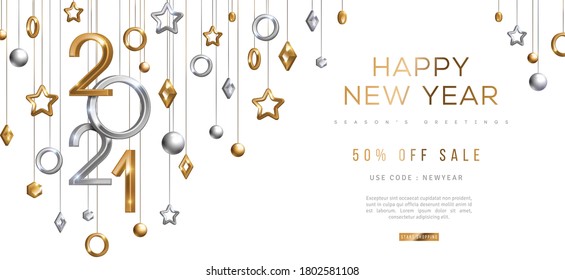 Christmas and New Year banner with hanging gold and silver 3d baubles and 2021 numbers on black background. Vector illustration. Winter holiday geometric decorations