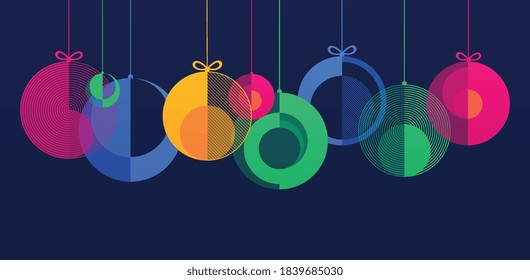 Christmas and New Year banner with hanging shiny color bauble balls. Horizontal christmas poster, website header with festive winter geometric decorations, xmas design element for card.