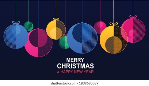 Christmas and New Year banner with hanging shiny colored bauble balls. Horizontal christmas poster, website header with festive winter geometric decorations, xmas design element for card.