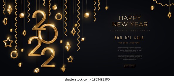 Christmas and New Year banner with hanging gold 3d baubles and 2022 numbers on black background. Vector illustration. Geometric decorations and streamers. Place for text. Poster card template