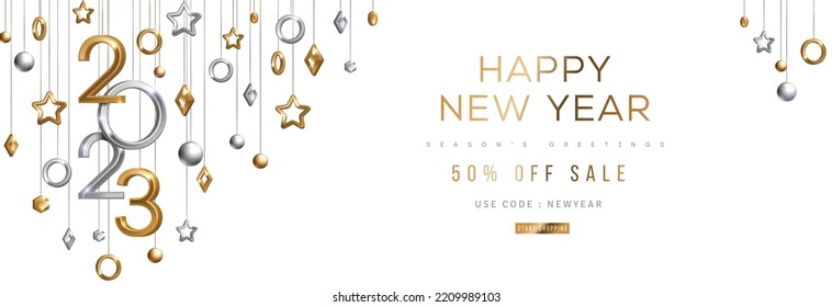 Christmas New Year banner with hanging gold and silver 3d baubles and 2023 numbers on white background. Vector illustration. Winter holiday poster, minimal geometric decorations. Place for text. - Shutterstock ID 2209989103