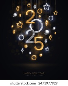 Christmas New Year banner with hanging gold and silver 3d baubles and 2025 numbers on black background. Vector illustration. Winter holiday poster, minimal geometric decor. Place for text.