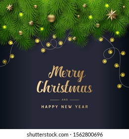 Christmas and New Year banner. Holiday's Greeting Card Background with Season Wishes and Border of Realistic Looking Christmas Tree Branches Decorated with Gold stars, Gold ball, Snowflakes.