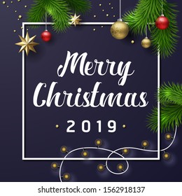 Christmas and New Year banner. Holiday's Greeting Card Background with Season Wishes and Border of Realistic Looking Christmas Tree Branches Decorated with Gold stars, Gold ball, Snowflakes.