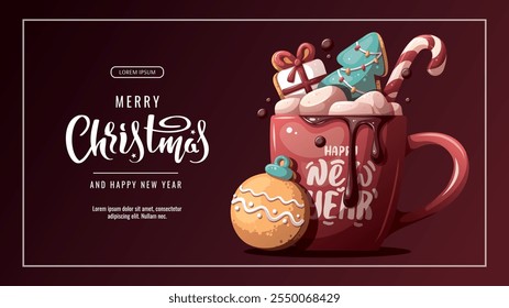 Christmas and New Year banner with hot chocolate and gingerbread cookies. Vector illustration for greeting cards, banners, posters, flyers.