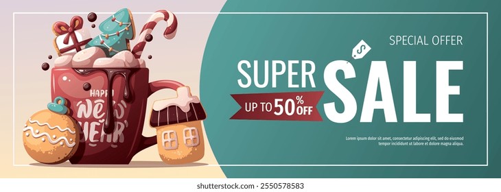 Christmas and New Year banner with hot chocolate and gingerbread cookies. Vector illustration for greeting cards, banners, posters, flyers.