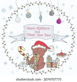 Christmas and New Year banner, illustration in a circular garland ornament, doodle style, greeting inscription, Teddy bear in Santa Claus hat sitting among the gifts