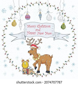 Christmas and New Year banner illustration in a circular garland ornament, doodle style inscription greeting, Christmas deer in Santa Claus hat