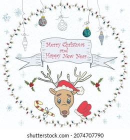 Christmas and New Year banner illustration in a circular garland ornament, doodle style inscription greeting, the head of a Christmas deer in a Santa Claus hat