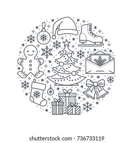 Christmas, new year banner illustration. Vector line icon of winter holidays - pine tree, gifts, snowflakes, skates, letter to santa, bells, gingerbread. Celebration party circle template.