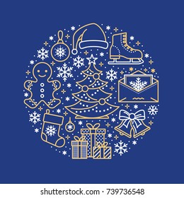 Christmas, new year banner illustration. Vector line icon of winter holidays pine tree, gifts, snowflakes, skates, letter to santa, bells gingerbread. Celebration party blue gold circle template