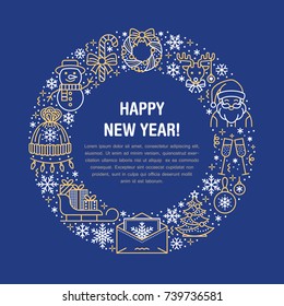 Christmas new year banner illustration. Vector line icon of winter holidays pine tree, gift, santa claus letter, presents, wreath. Celebration party blue gold circle template with place for text