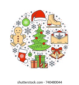 Christmas, new year banner illustration. Vector line icon of winter holidays - pine tree, gifts, snowflakes, skates, letter to santa, bells, gingerbread. Celebration party circle template.