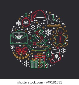 Christmas, new year banner illustration. Vector line icon of winter holidays - tree, gifts, snowflakes, skates, letter to santa, bells, gingerbread. Celebration party circle template.