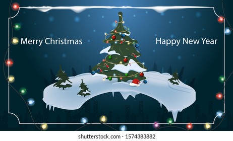 Christmas and new year banner with the inscription congratulations for the design of postcards decorated with spruce toys in snowdrifts in the forest on the background of the night city garlands 