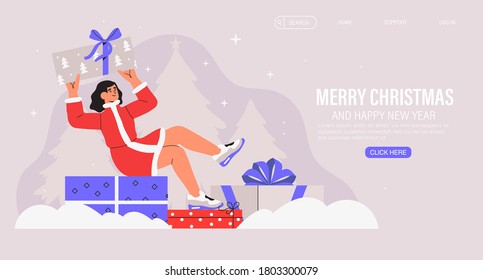 Christmas and New Year banner, landing web page, flyer, social media banner, advertisement with a woman in santa claus costume sitting on gift box and hold present on snowy background with fir trees.