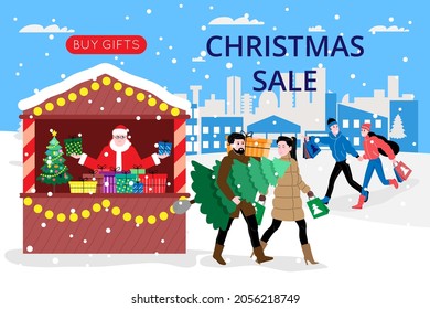 Christmas and New Year banner for landing page or online store website. Men and women buy gifts and a Christmas tree at the fair sale. Cute vector flat image.