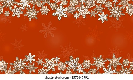 Christmas, New Year banner with lower and upper border of gingerbread cookie on a red background