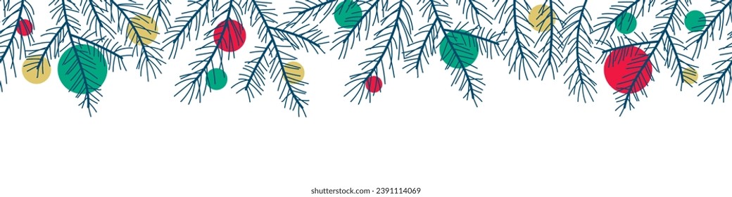 Christmas and New Year banner made of hand drawn branches of Christmas tree, colorful Christmas balls.