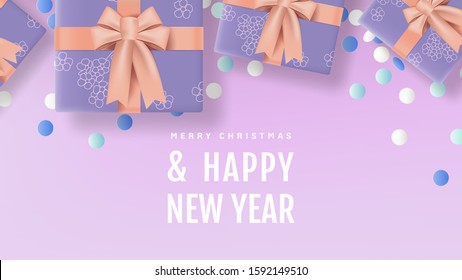 Christmas and New Year banner mockup template design, present boxes and white confetti, pastel purple tone