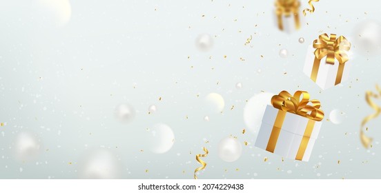 Christmas and New Year banner on a light background with levitating gift boxes and white balls. Realistic holiday background