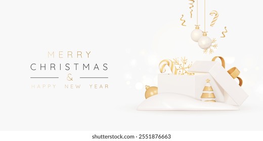 Christmas and New Year banner with open gift box and festive decorations. Golden and beige balls, pine tree and snowflakes. Xmas realistic design poster. Holiday background. 3D Vector illustration