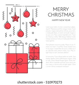 Christmas and New Year banner with outline holiday related elements and symbols isolated on white background. Vector illustration in line art style.