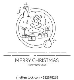 Christmas and New Year banner with outline holiday related elements and symbols isolated on white background. Vector illustration in line art style.