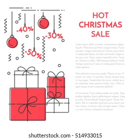 Christmas and New Year banner with outline holiday related elements and symbols isolated on white background. Vector illustration in line art style.